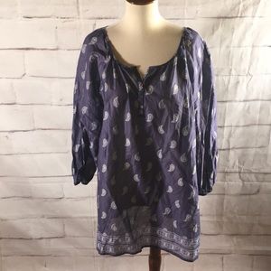 Garnet Hill Long Sleeve Boho Top ~ Chambray with White Paisley Print ~ Sz 14